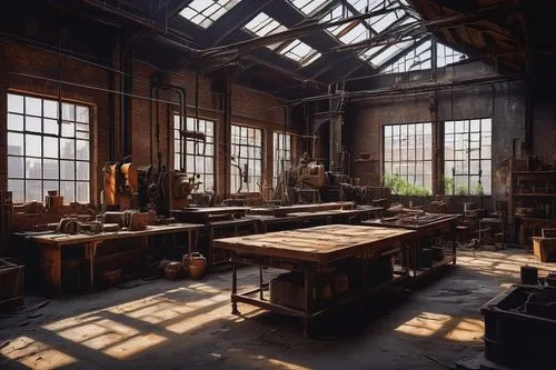 manufactory,workbenches,abandoned factory,industrielles,empty factory,manufactories,industrial landscape,workbench,sewing factory,blacksmiths,industrielle,factories,workrooms,wooden windows,printshop,industrious,lumberyard,brickworks,foundry,factory hall,Conceptual Art,Sci-Fi,Sci-Fi 21
