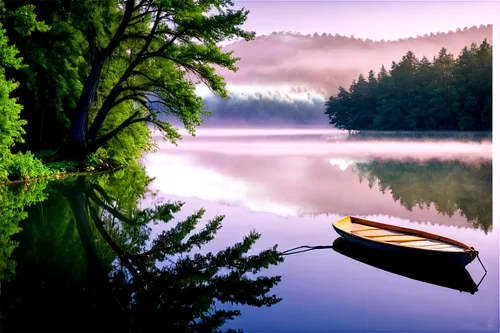 Serene lake, misty morning, calm water, reflections of surrounding trees, lush greenery, wooden dock, sailboat, gentle ripples, warm sunlight, soft focus, panoramic view, 3/4 composition, shallow dept