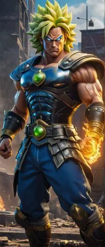 Broly, Fortnite character, muscular build, spiky blonde hair, blue eyes, serious facial expression, wearing a black and blue costume, metallic shoulder pads, bold chest armor, gauntlets, boots with a 