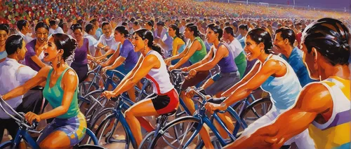 Capture the intense passion of salsa cycle competition at a crowded stadium.,bicycle racing,artistic cycling,bicycles,woman bicycle,road bicycle racing,cyclists,track cycling,cyclo-cross,triathlon,kei