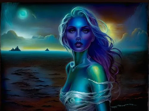 Passion Sexy Painting ,Naked Woman  Abstract Body Art Oil Painting,a blue - skinned woman with long white hair sits on the edge of an ocean,blue enchantress,fathom,bioluminescent,inanna,amphitrite,neo