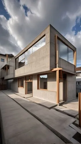 Construction site of townhouse, background of cloudy day ,cubic house,dunes house,modern architecture,cube house,timber house,modern house,residential house,frame house,wooden facade,glass facade,arch