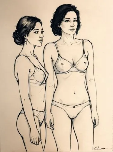 chicanas,maillol,burkinabes,summer line art,two girls,bathers,Illustration,Paper based,Paper Based 16