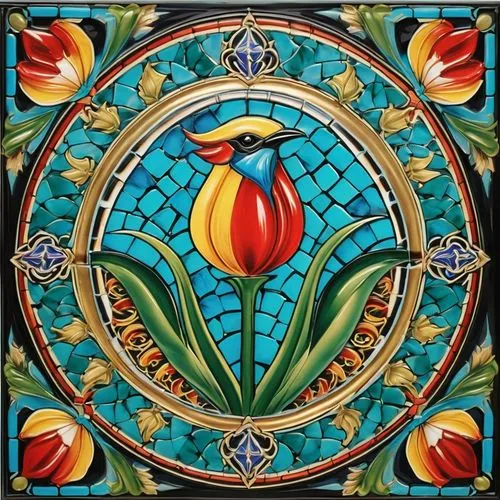 stained glass pattern,art nouveau frame,tulip background,pysanka,pysanky,stained glass,Illustration,Realistic Fantasy,Realistic Fantasy 43