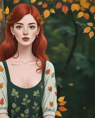 digital painting of girl posing for the camera, with a red - headed hair and dress, standing beneath an autumn tree,etain,maedhros,eilonwy,autumn background,sansa,ellinor