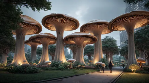 mushroom landscape,mushroom island,umbrella mushrooms,tree mushroom,mushrooms,brown mushrooms,club mushroom,futuristic art museum,futuristic architecture,forest mushrooms,forest mushroom,gardens by th