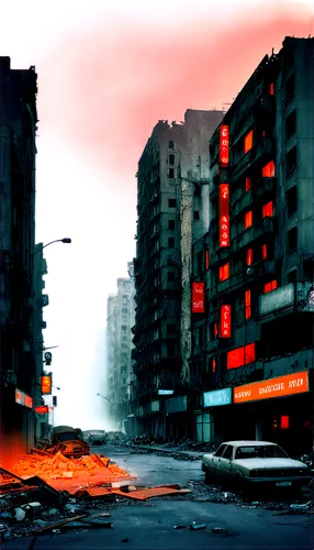 Post-apocalyptic cityscape, ruins, destroyed skyscrapers, crumbling buildings, dark misty atmosphere, red orange sky, rubble-strewn streets, abandoned vehicles, shattered windows, twisted metal debris