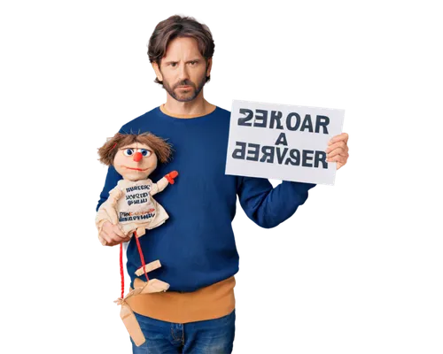 Walter the puppet, solo, (45yo), sad eyes, messy brown hair, pale skin, worn-out clothes, holding a sign, standing, dim lighting, shallow depth of field, cinematic composition, warm color tone.,dessne