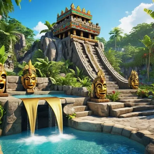 children water park. Pools with stone slides and like-natural falls, concrete black-golden masks and small wood colorful Aztec totems. ,tropical island,water palace,tropical jungle,underwater oasis,sh