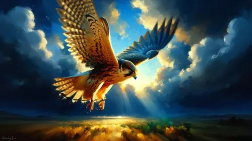 a painting of a bird flying through the air with clouds,eagle illustration,mongolian eagle,aguiluz,aguila,eagle,of prey eagle