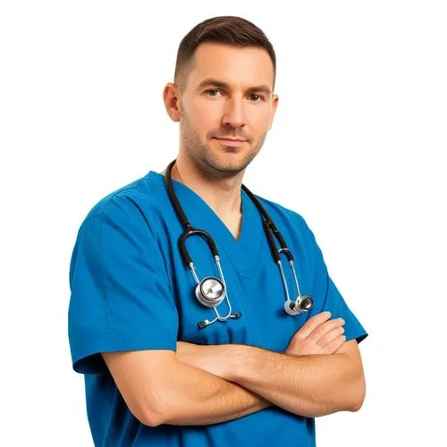 a man wearing scrubs is standing with his arms crossed,male nurse,healthcare professional,physician,healthcare worker,doctorandus,paramedical