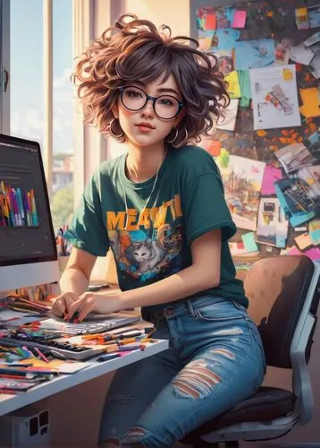 girl at the computer,illustrator,world digital painting,programadora,photoshop school,girl studying,blur office background,graphic design studio,girl drawing,threadless,painting technique,adobe illustrator,geekcorps,women in technology,geek pride day,adobe photoshop,creative office,photoshop creativity,krita,artist portrait,Art,Classical Oil Painting,Classical Oil Painting 17