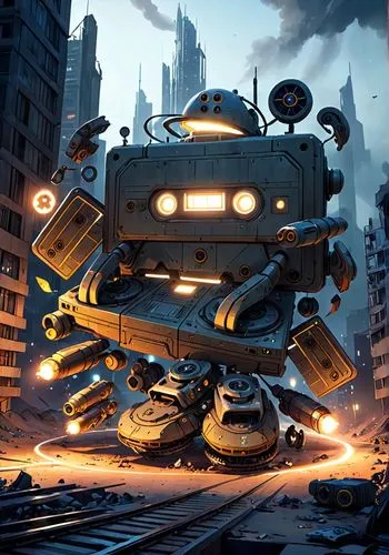 a robot standing on the track next to a train,steamboy,technodrome,mechanized,helicarrier,centurione,hawken,Anime,Anime,General