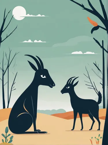 Craft a humorous poem about a chupacabra and a mischievous goat playing hide-and-seek.,deer illustration,rabbits and hares,forest animals,hares,antelopes,animal silhouettes,kangaroos,woodland animals,