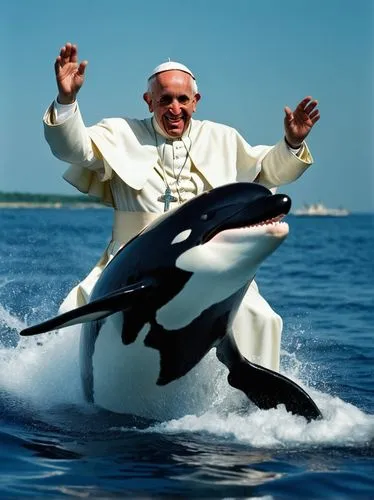 pope francis,pope,rompope,dolphin rider,vaticano,delfin,aquatic mammal,killer whale,cetacean,god of the sea,porpoise,marine mammal,orca,dolphin,dolphin show,sauceboat,road dolphin,papa rellena,version john the fisherman,marine animal,Photography,Documentary Photography,Documentary Photography 01