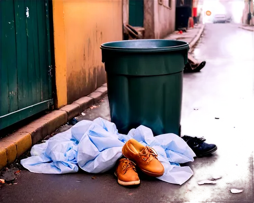 Trash can, overflowing garbage, dirty streets, ripped plastic bags, broken bottles, rusty metal scraps, moldy food waste, worn-out shoes, torn fabric pieces, morning mist, soft focus, cinematic compos