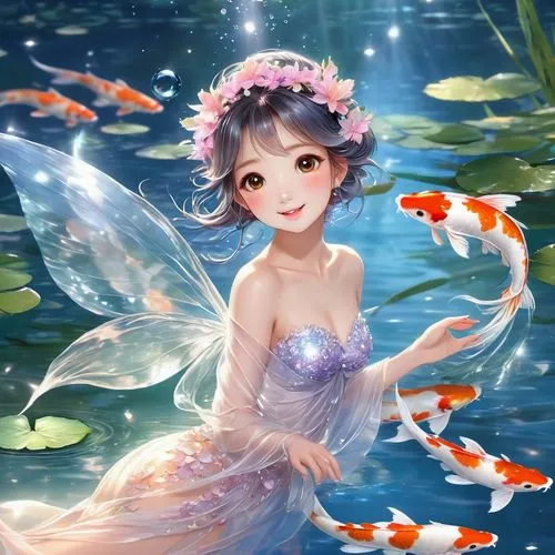 mermaid background,underwater background,water nymph,fairy,flower fairy,fairie,butterfly swimming,koi,koi pond,oceanica,fairies,naiad,garden fairy,nami,butterfly background,fairy penguin,kupala,water pearls,swimmable,koi fish,Illustration,Japanese style,Japanese Style 01