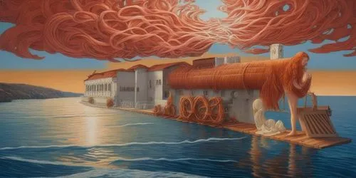 painting of a woman with long hair and a flower in her hair, peter gric and dan mumford, annasophia robb as aphrodite, complex redhead braided hair, riyoko ikeda, poseidon, by Mati Klarwein, medium lo