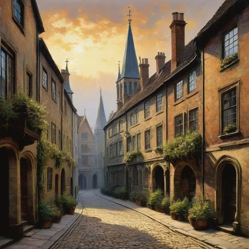 medieval street,townscapes,the cobbled streets,cobbled,ruelle,medieval town,edensor,narrow street,cobblestones,cobblestoned,cobblestone,bamberg,cobbles,quedlinburg,lichfield,aachen,kirkwall,hildesheim germany,narrowness,york,Art,Classical Oil Painting,Classical Oil Painting 09