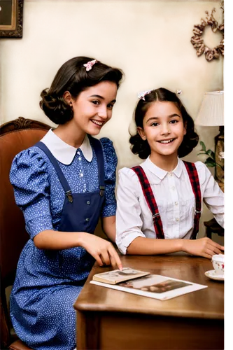 Old photo, nostalgic atmosphere, warm lighting, faded colors, worn edges, family gathering, smiling faces, 1940s clothing, floral pattern dress, suspenders, children playing, vintage toys, wooden tabl