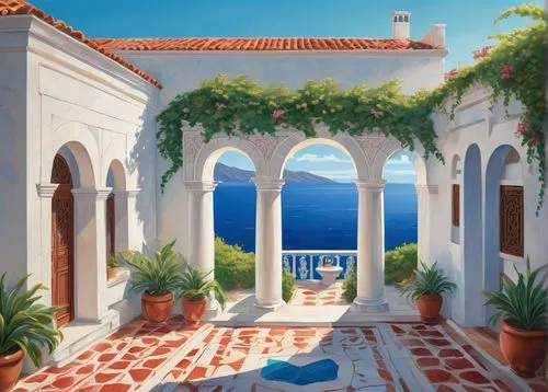 positano,mediterranean,santorini,capri,greek island door,kefalonia,mykonos,holiday villa,greek island,terrazza,terrace,digital painting,roof landscape,ravello,seaside view,kalkan,ocean view,balcony,lakonos,cephalonia,Illustration,Japanese style,Japanese Style 07