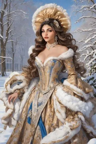 a woman wearing winter clothing in the snow,suit of the snow maiden,the snow queen,noblewoman,victorian lady,white rose snow queen,christmas woman,Digital Art,Impressionism