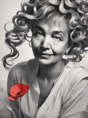 A stunning grayscale portrait of a BLACK woman smiling with cascading wavy hair that frames her delicate face. A brilliant red poppy flower adds a vibrant contrast, nestled in her tresses. Her gaze is