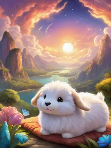 pomeranian,coton de tulear,bichon frisé,baby cloud,samoyed,cute puppy,fluffy diary,white bunny,puppy pet,fantasy picture,japanese spitz,landscape background,maltese,easter background,maltepoo,angora rabbit,little rabbit,little bunny,blossom kitten,fennec,Illustration,Realistic Fantasy,Realistic Fantasy 01