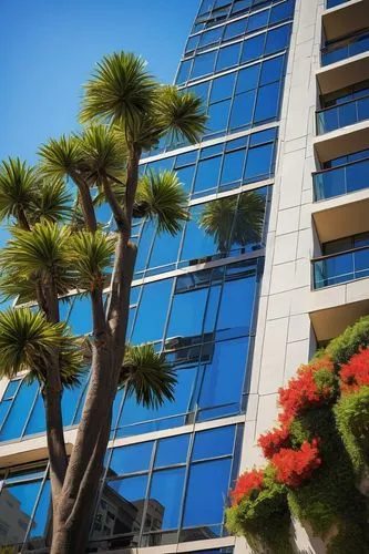 Modern San Francisco skyscraper, contemporary architecture, sleek glass exterior, angular lines, metallic accents, rooftop garden, urban cityscape, daytime, sunny weather, clear blue sky, few white cl