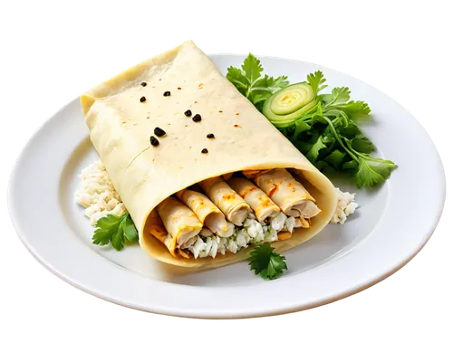 Um crepe dourado, recheado com frango desfiado, requeijão cremoso (Catupiry) e milho verde. O crepe está enrolado, com o recheio visível nas extremidades. Decorado com salsa picada e servido em um pra