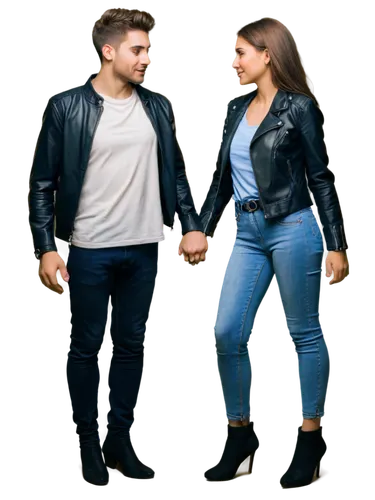 Man, woman, couple, romantic, standing, embracing, kissing, handsome, beautiful, detailed facial features, stylish hair, casual wear, jeans, white shirt, black leather jacket, high heels, holding hand