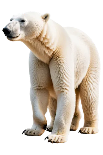 Polar bear, side view, white fur, fluffy texture, majestic posture, powerful legs, sharp claws, relaxed facial expression, slightly opened mouth, tongue out, soft focus, warm lighting, 3/4 composition