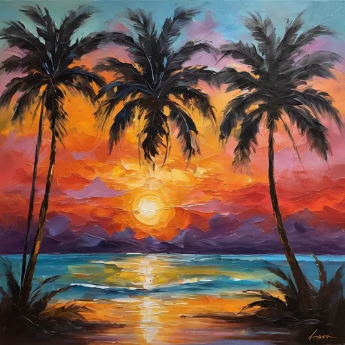 watercolor palm trees,luau,palmtrees,coast sunset,tropical beach,tropical sea,beach landscape,sunset beach,palm trees,molokai,tropical island,two palms,painting technique,palmtree,kauai,aloha,palms,palm tree,south seas,sunrise beach,Conceptual Art,Oil color,Oil Color 22