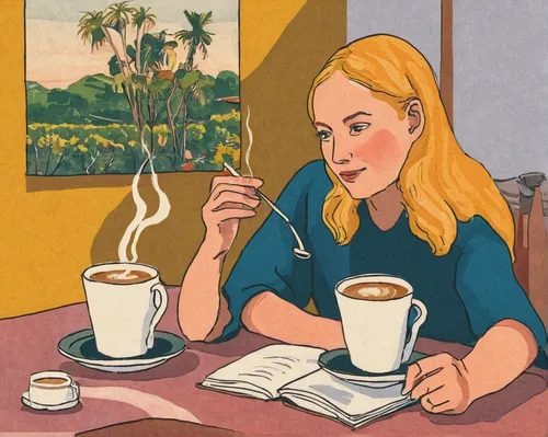 Write a dialogue between two friends discussing their favorite Bardo coffee blend and why they love it so much.,woman drinking coffee,coffee tea illustration,coffee and books,café au lait,coffee tea d