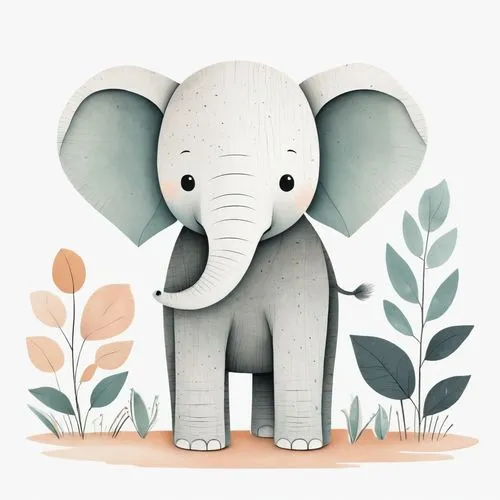 A cute elephant clipart, organic forms, in the style of Jon Klassen, desaturated light and airy pastel color palette, nursery art, white background
,asian elephant,elephant,african elephant,elephant k