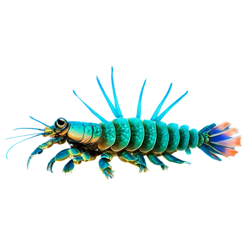 Mantis shrimp, multiple individuals, underwater scene, transparent background, vibrant colors, detailed eyes, claws raised, swimming pose, aquatic plants, coral reef, shallow water, natural lighting, 