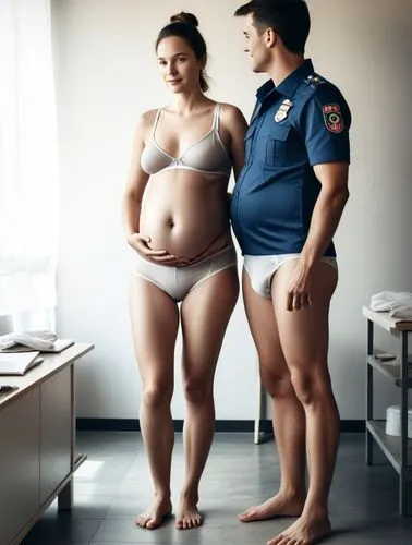 a man stands next to a pregnant woman in her underwear,pregnant couple standing near police officer by window,pregnant women,pregnant woman,surrogacy,pregnant girl,maternity,pregnancy