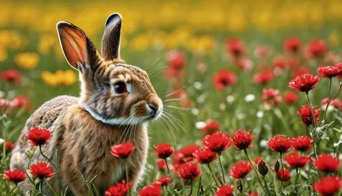 ((best quality)), ((masterpiece)), (detailed), intricate art, a little rabbit, open field, red flowers,  distant vision, detailed painting style, Abstract, Vincent van Gogh,bunny on flower,european ra