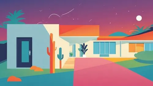 an abstract painting of a house and cacti,arcosanti,mid century house,houses clipart,mid century modern,dreamhouse,holiday motel,Illustration,Vector,Vector 01