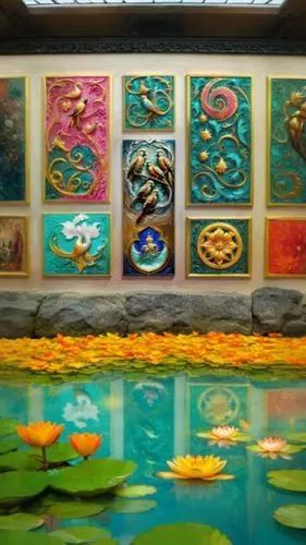 lotus pond,water lilies,lily pond,lotuses,ornamental fish,koi pond,water lily plate,water lotus,floating market,lilly pond,fish pond,chinese art,lotus on pond,lily pads,lotus flowers,chrysanthemum exh