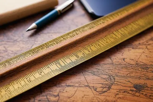 Architectural scale ruler, wooden ruler, worn edges, precise measurements, brass fittings, vintage design, ornate engravings, desk clutter, scattered blueprints, pencils and pens nearby, warm office l