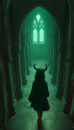 A girl walks down a corridor towards a green window,a person with long hair and demon horns is walking up a hallway,schierholtz,schierstein,schierke,maleficent,orin,storybook