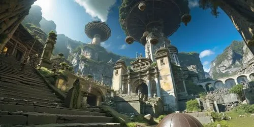 a futuristic, old castle or palace has steps leading up to it,cryengine,labyrinthian,theed,platforming,calydonian,ancient city,barrayaran,uncharted,crytek,360 ° panorama,arenanet,eidos,airships,valesk