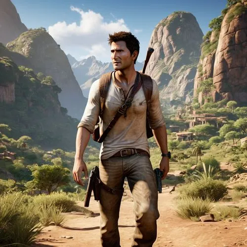 نيثن من سلسلة لعبة انتشارتد بجانب الكنز الكبير العضيم   ,indiana jones,male character,full hd wallpaper,buckskin,croft,playstation 4,lara,cave man,ps4,newt,the wanderer,videogame,mountain guide,game a