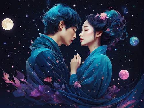 japanese art,the moon and the stars,young couple,oriental painting,korean drama,kimjongilia,romantic portrait,geisha,lanterns,blue moon rose,korean culture,kdrama,skyflower,oriental,blue moon,celestial bodies,teal blue asia,jasmine blue,blue birds and blossom,cassiopeia,Photography,Artistic Photography,Artistic Photography 05