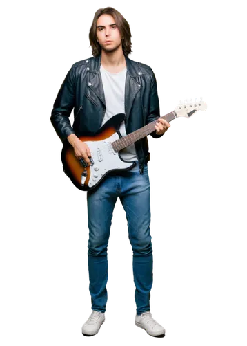 Musical band, rock music, male musician, aged 25-30, messy brown hair, black leather jacket, white tank top, skinny jeans, Converse shoes, holding electric guitar, standing pose, confident expression,