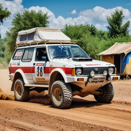 A rally vehicle from the 1990s, with a nice paint job and being on a dirt road with some huts on the sides of the road.,dakar rally,overland,overlanders,land rover,landcruiser,overlander,jimny,pajero,