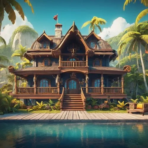 tropical house,house by the water,summer cottage,holiday villa,house of the sea,cabana,florida home,polynesia,house with lake,wooden house,monkey island,stilt house,zanzibar,cottage,fiji,pool house,polynesian,seaside resort,tropical island,island suspended,Conceptual Art,Fantasy,Fantasy 02