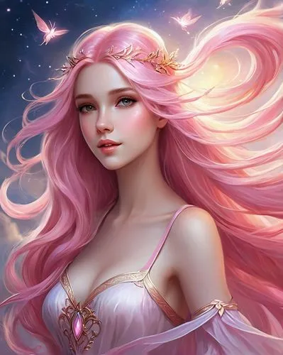 rose quartz,rosa 'the fairy,rosa ' the fairy,fantasy portrait,zodiac sign libra,fae,fairy queen,faery,faerie,fairy galaxy,virgo,pink beauty,horoscope libra,mermaid background,sky rose,fantasy art,eglantine,fairy,libra,aphrodite,Illustration,Realistic Fantasy,Realistic Fantasy 01