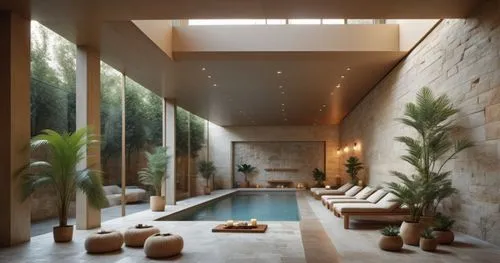 The interior of the spa is designed in the style of Alvaro Siza, with tall columns and a large swimming pool surrounded by limestone walls. There is a forest outside the window. The rock wall behind i